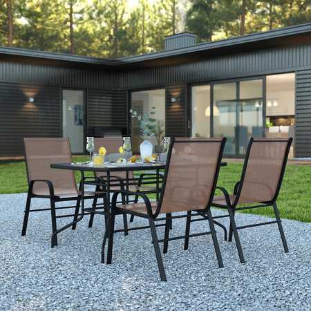 FLASH FURNITURE 5PC Patio Set-55" Glass Table, 4 Brown Chairs TLH-089REC-303CBN4-GG